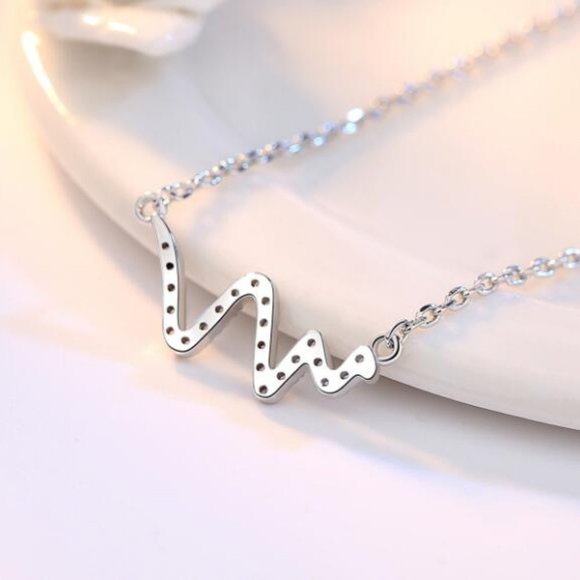 NEW 925 Sterling Silver Diamond Heartbeat Necklace - Picture 5 of 7